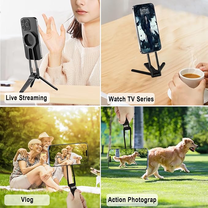 Foldable Magnetic Phone Tripod for iPhone, Mini Tripod Pocket Cell Phone Stand Smartphone Desk Stand, Portable Magnetic Phone Stand with iPhone 16 15 14 13 12, Black