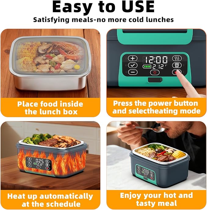 XL 6.3-Cups Cordless Electric Heated Lunch Box for Adults, 20000mAh Rechargeable Battery Powered Smart Self Heating Lunchbox for Men Women, 100W Food Warmer for Trucks Driver Travel Office Worker