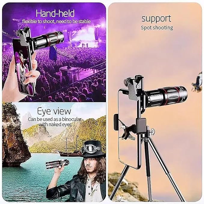 64X Zoom Mobile Phone Telephoto Lens with Tripod & Phone Clamp - HD FMC Monocular Lens for Long Distance Photography, Bird Watching, Sports & Vlogging (Universal Smartphone Lens)