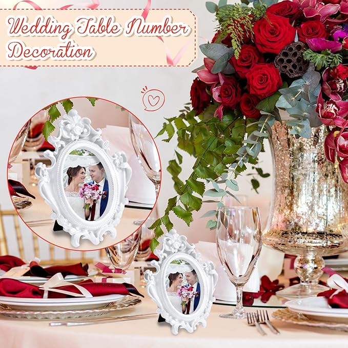 Maitys 50 Pcs Mini Picture Vintage Frames with Stands Tiny Antique Photo Baroque Ornate Resin Oval Frame Table Top Display Home Wedding Decor (White)