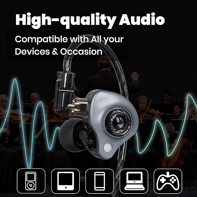 in Ear Monitor Headphones Without Mic, 10mm Dynamic Driver HiFi IEM Earphones, Crystal Clear Sound IEM Earbuds with Detachable 4N OFC Cable, 3.5mm Wired Gaming Earbuds
