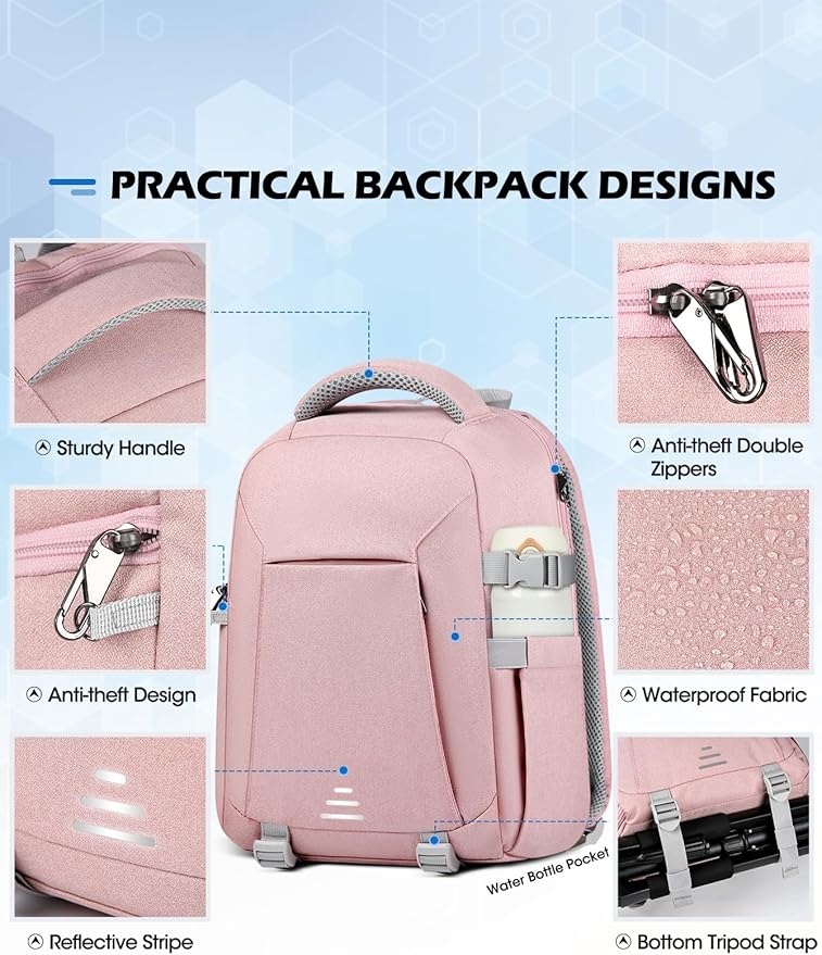 RAINSMORE Camera Bag Professional DSLR SLR Mirrorless Photography Camera Backpack 15.6 Inch Waterproof Camera Case With Tripod Holder&Laptop Compartment for Canon Nikon Sony Photographers Pink