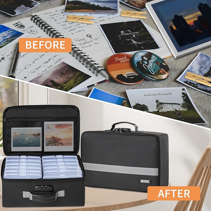 IBVIVIC Fire-resistant Photo Storage Box with 12 Inner 4" x 6" Photo Case(Clear),Photo Box Organizer with Lock
