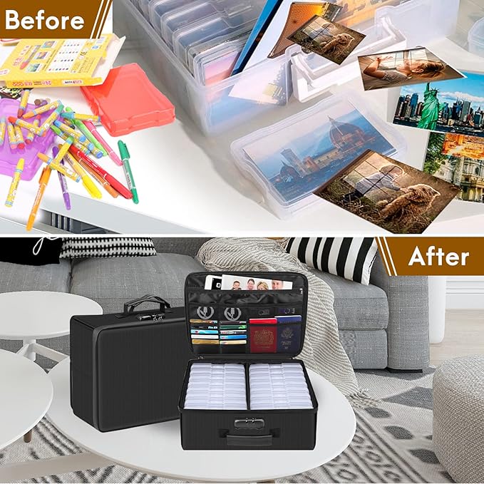 Photo Storage Box with Lock,DocSafe Fireproof Photo Organizer Box with 16 Inner 4" x 6" Photo Case(Clear),Collapsible Portable Photo Filing Safe Storage with Water-Resistant Zipper for Photos,Picture