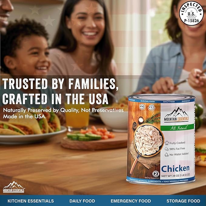 MOUNTAIN ESSENTIALS Fully Cooked Canned Chicken 28 Oz – White Meat for Daily Meals, Camping & Emergency Food – Great for Snack, Lunch, Dinner Recipes – 5-Year Shelf Life – Made in USA – Pack of 1