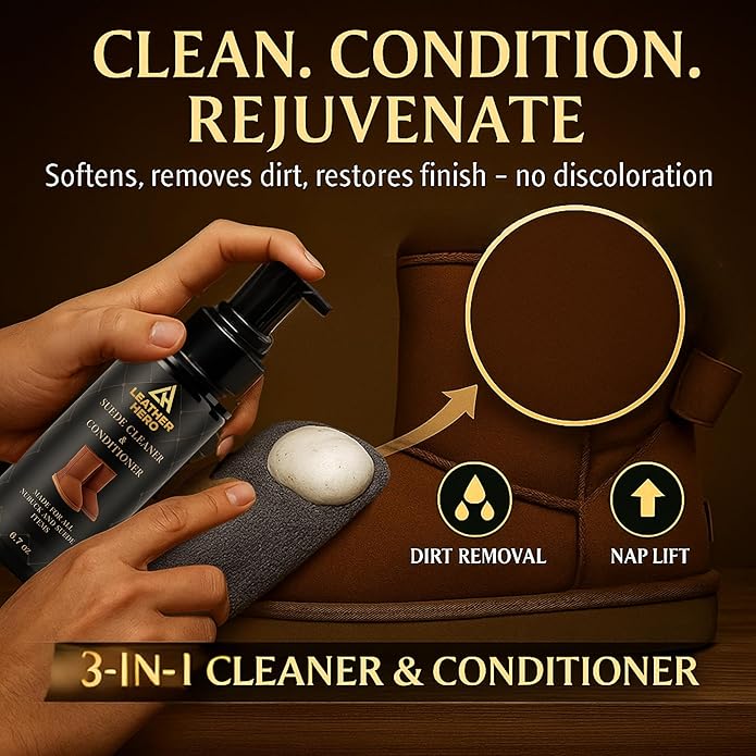Leather Hero Suede & Sheepskin Cleaning Kit – Compatible with UGG Boots – Foam Cleaner & Conditioner, Water & Stain Protector, Deodorizer, Eraser, Brushes & Cloth – 7-Piece Complete Care Set
