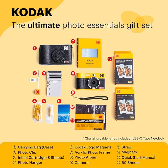 KODAK Mini Shot 2 ERA 4PASS 2-in-1 Instant Camera and Photo Printer (Black, Camera + Initial 8 Sheets + 60 Sheets + Accessories)