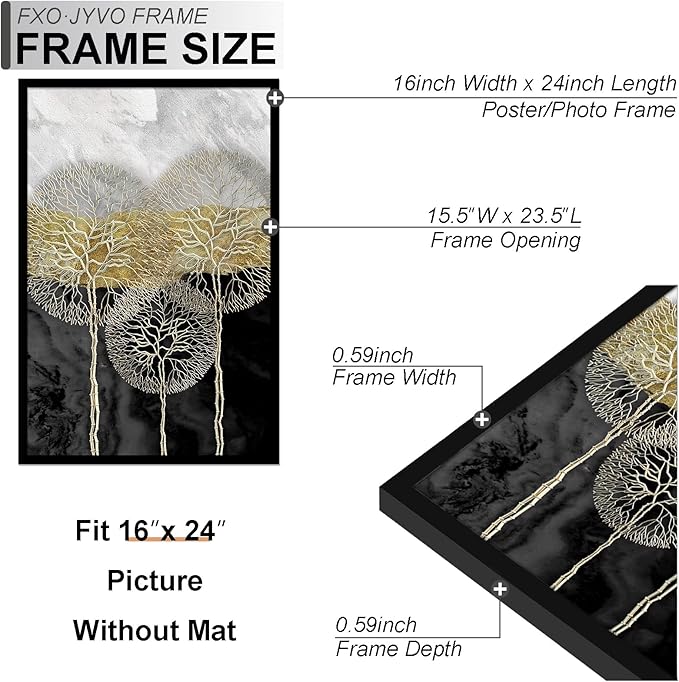 16x24 Picture Frame Set of 6, Display Poster 12x18 with Mat or 16 x 24 Without Mat, Light Weight and High Transparent 16 by 24 Frame for Wall - 6 Pack/Black/16 x24