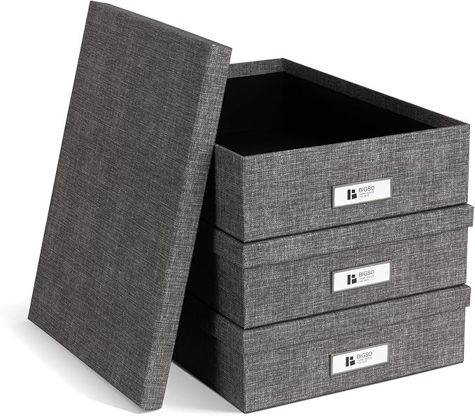 Bigso Oskar Canvas Fiberboard Document Letter Box for Important Paperwork A4 or Letter Size - Durable Keepsake Box with Lid and Metal Label Holder - 3.3in x 10.2in x 13.8in - Melange Grey - 3 Pack
