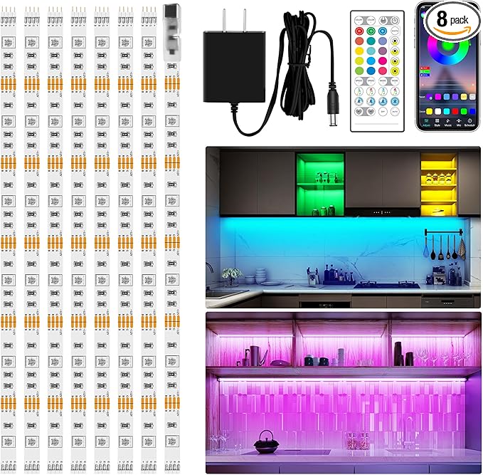 maylit 8 PCS RGB Under Cabinet Lighting Kit, App and Remote Control Strip Lights, Music Sync Color Changing Led Lights with ETL Listed Power Adapter, for Cabinet, Counter, Shelf, Bookcase, 13ft