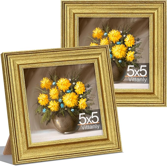 Vittanly 5x5 Picture Frames Set of 2, Ornate Vintage Photo Frame for Wall or Tabletop, Display 5x5 Pictures without Mat, Rustic Gold