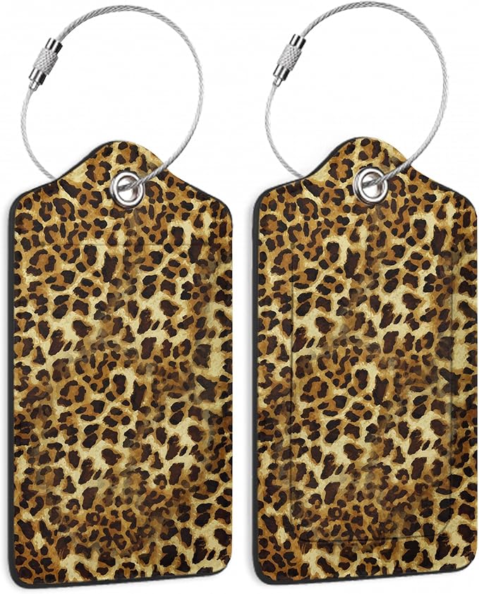 Luggage Tags for Suitcase,2 Pack Leopard Luggage Tag Wild Animal Skin Print PU Leather Privacy Cover ID Label with Stainless Steel Loop for Women Men Teens Travel
