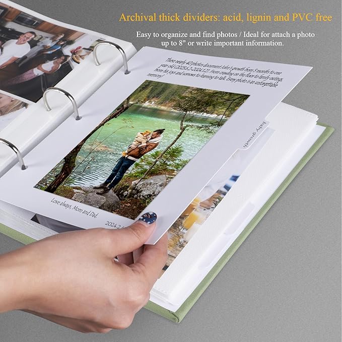 1DOT2 Photo Album 4x6 Photos Hold 200 or 5x7 Pictures Hold 100, 3 Ring Binder Photo Albums Linen Cover Photo Book Acid Free Albums 4x6 5x7 for Family Wedding Baby (Sage Green)