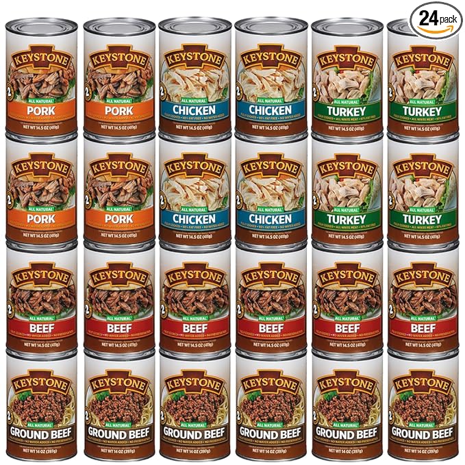Keystone Meats 24 Cans Variety Pack – All Natural Fully Cooked Canned Meat (6 Beef, 4 Chicken, 4 Turkey, 4 Pork –14.5 oz | 6 Ground Beef –14 oz) – Pantry Staple, Emergency, Camping 5 Years Shelf Life