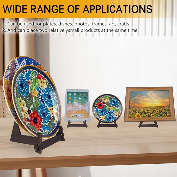 2 Pack 8 Inch Wooden Plate Stands for Display - Plate & Picture Frame Holder for Books, Photos, Plaque, Bowl | Tabletop Decorative Stand