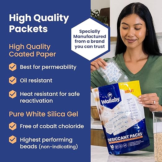 Wallaby 5 gram (500 Packets) Food Safe Pure White Silica Gel Desiccant Dehumidifier Packs - Rechargeable & Coated Moisture Absorbers - Protects Against Moisture Damage - (Packed in 100x Sets of 5)