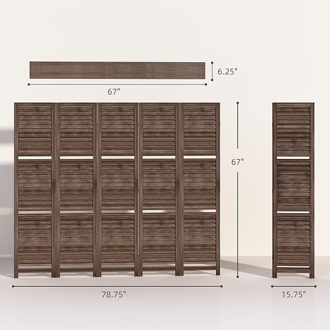 HOMCOM Room Divider, 5 Panel 67" Tall Wood Privacy Screen with 3 Display Shelves, and Folding Storage for Bedroom or Home Office, Walnut