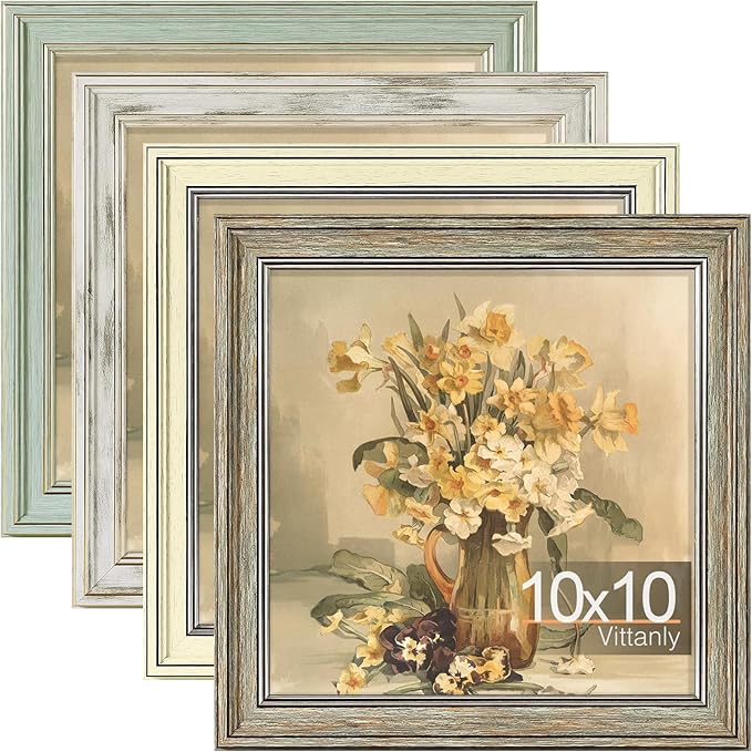 Vittanly 10x10 Picture Frame Set of 4, Vintage Photo Frame for Wall or Tabletop, Display 8x8 Pictures with Mat or 10x10 without Mat, Rustic Farmhouse Home Decor, Multicolour