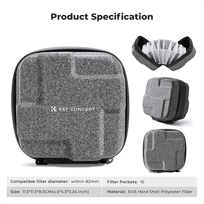 K&F CONCEPT 10 in 1 Lens Filter Case, Hard Shell Camera Filter Pouch Up to 82mm with Hand Strap, Waterproof Camera Lens Filter Storage Wallet for ND UV CPL Filter Pouch