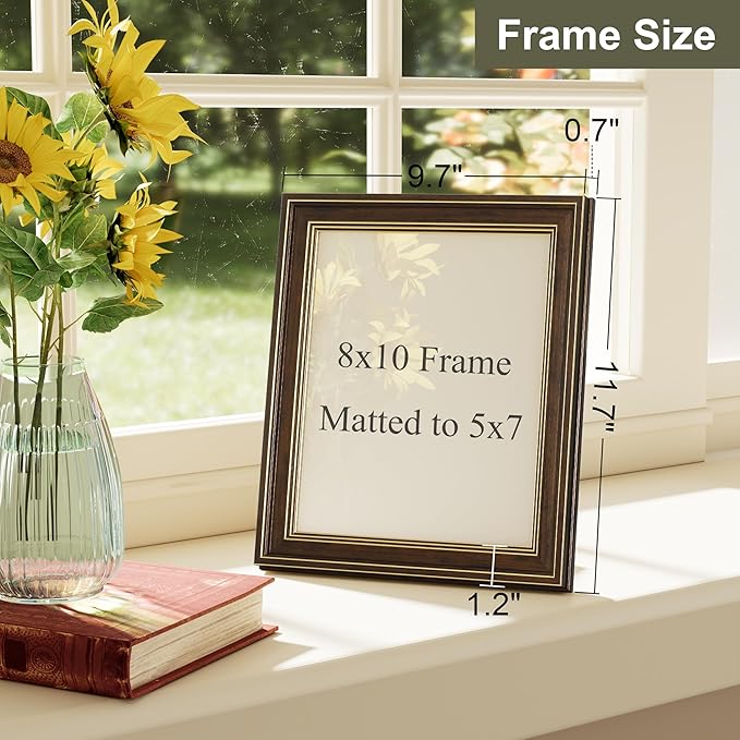 Vittanly 8x10 Picture Frame Set of 4, Vintage Photo Frame for Wall or Tabletop, Display 5x7 Pictures with Mat or 8x10 without Mat, Rustic Farmhouse Home Decor, Brown