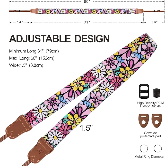 Padwa Lifestyle Camera Strap - 1.5" Soft Nylon Print Crazy Horse Cowhide Head Camera Straps for Photographers and All Cameras,Cute Adjustable Vintage Woven Strap for Adults & Kids(Sunshine Flower)
