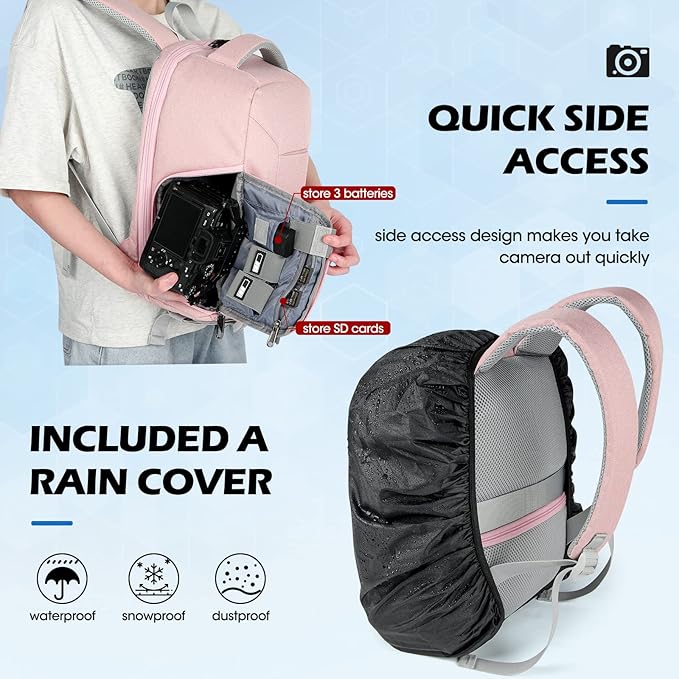 RAINSMORE Camera Bag Professional DSLR SLR Mirrorless Photography Camera Backpack 14 Inch Waterproof Camera Case With Tripod Holder&Laptop Compartment for Canon Nikon Sony for Photographers Pink