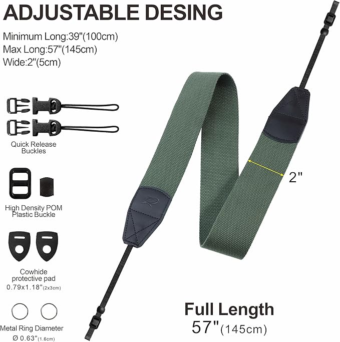 Padwa Lifestyle Dark Green Camera Strap - 2" Wide Cotton Woven Genuine Leather Head Camera Straps,Complimentary 2 Pcs Quick Release Clips for All DSLR/SLR Cameras, Binoculars and Drone Remote Control