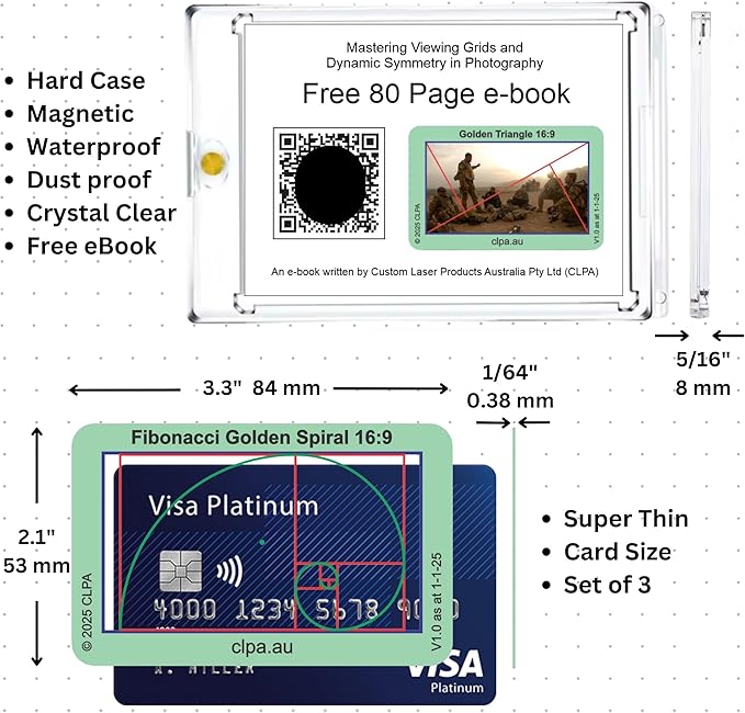 CLPA Fibonacci Golden Spiral Viewfinder: Credit Card-Sized Composition Grids for Video, Photography & Art in 4:3, 3:2, & 16:9