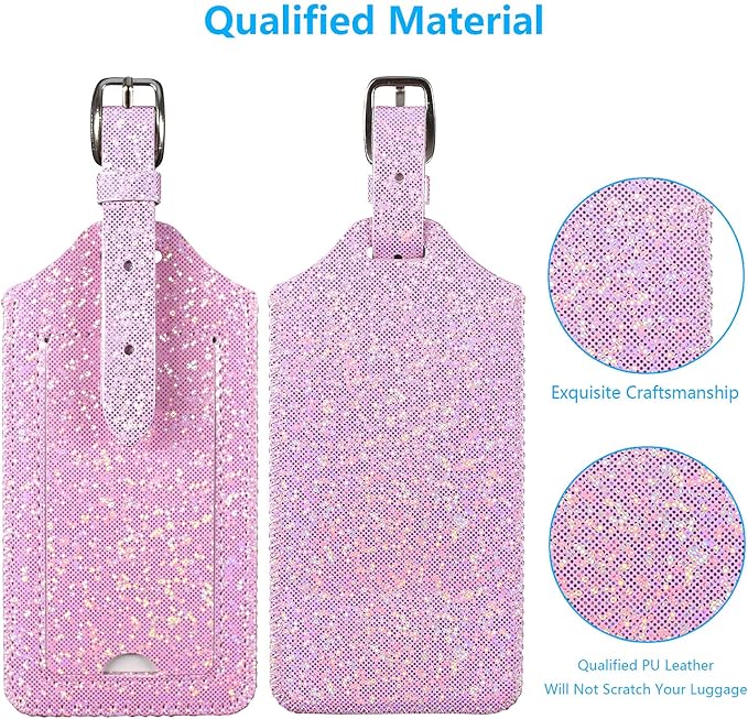 ACdream Luggage Tags 2 Pack, Leather Suitcase Tags Identifiers, Cute Cruise ID Labels with Privacy Cover fits on Backpack, Travel Bag, for Women, Men, Adults, Kids, Light Pink Glitter