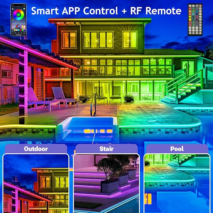 LETIANPAI 500ft Outdoor LED Strip Lights Waterproof,IP68 Outside Led Light Strips Waterproof with App and Remote,Music Sync RGB Exterior Led Rope Lights with Self Adhesive Back for Roof,Deck,Balcony