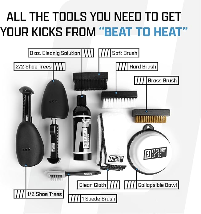 FACTORY LACED Shoe Cleaning Kit - Complete Sneaker Cleaner Kit with 8oz Solution, 4 Brushes, 2 Shoe Trees, Microfiber Towel & Bowl - The Ultimate Shoe Cleaner Kit for Jordans and Nike Shoes