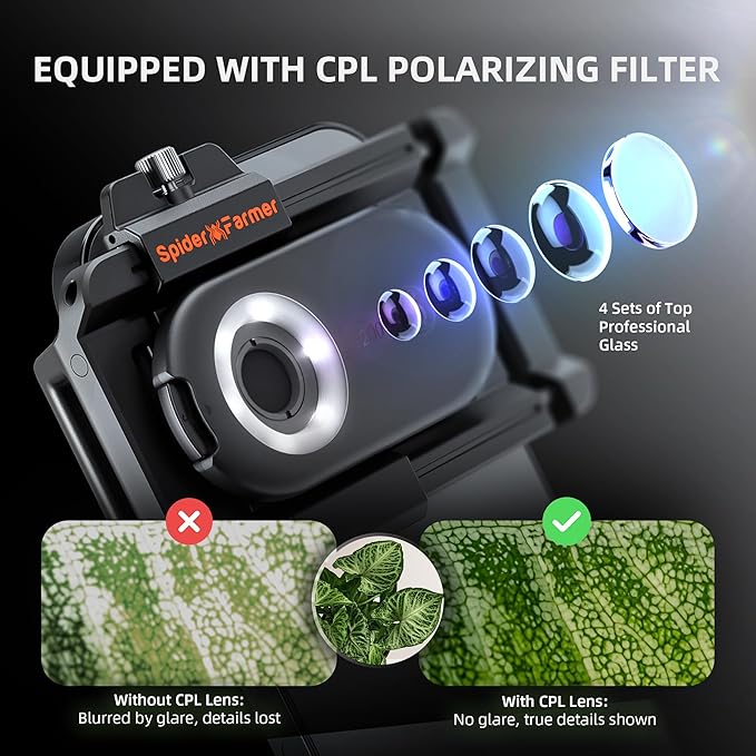 Spider Farmer Phone Microscope, 200X Magnification Portable Microscope with LED UV Light CPL Lens for iPhone & Android Phone Zoom Lens Attachment for Plants/Coins/Jewelry