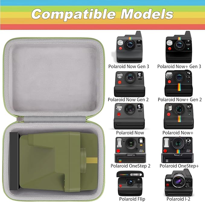 khanka Hard Carrying Case for Polaroid Now 3rd Gen I-Type,Now+ 3rd,Now 2nd,Now+ 2nd Gen,Flip,Originals Now I-Type,Originals Now+,I-2,OneStep+,OneStep 2 Instant Film Camera(Green Zipper)