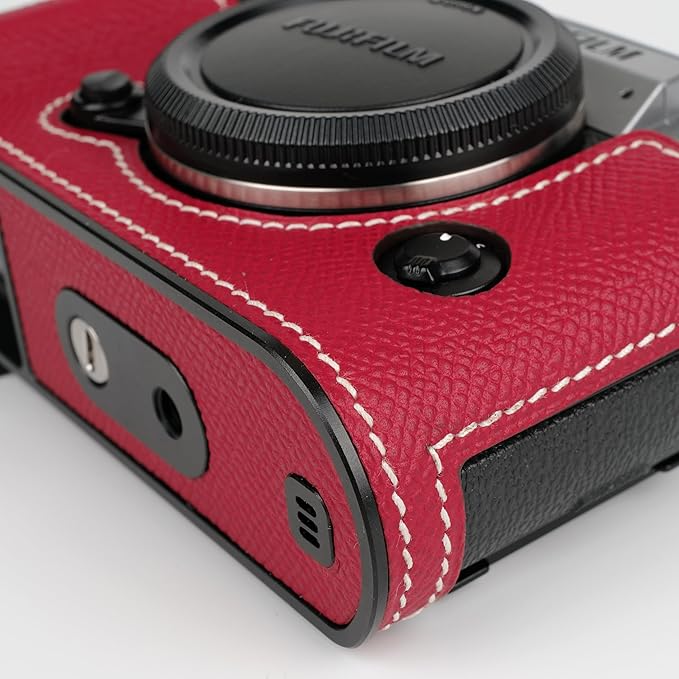 Handmade Genuine Leather Camera Half Case for Fujifilm X-T50/Fujifilm X-T50 Camera Case/Fujifilm X-T50 Case - Top Layer Cowhide Body + Metal Base Plate (China Red)