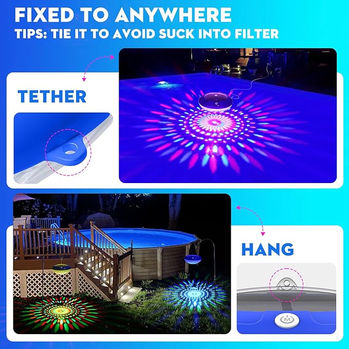 FirstE Solar Floating Pool Lights, RGB Color Changing Pool Floating Light, IP68 Waterproof LED Solar Pool Lights That Float, Hangable Auto ON Off for Above In Ground Pools Wedding Party Decoration (4)