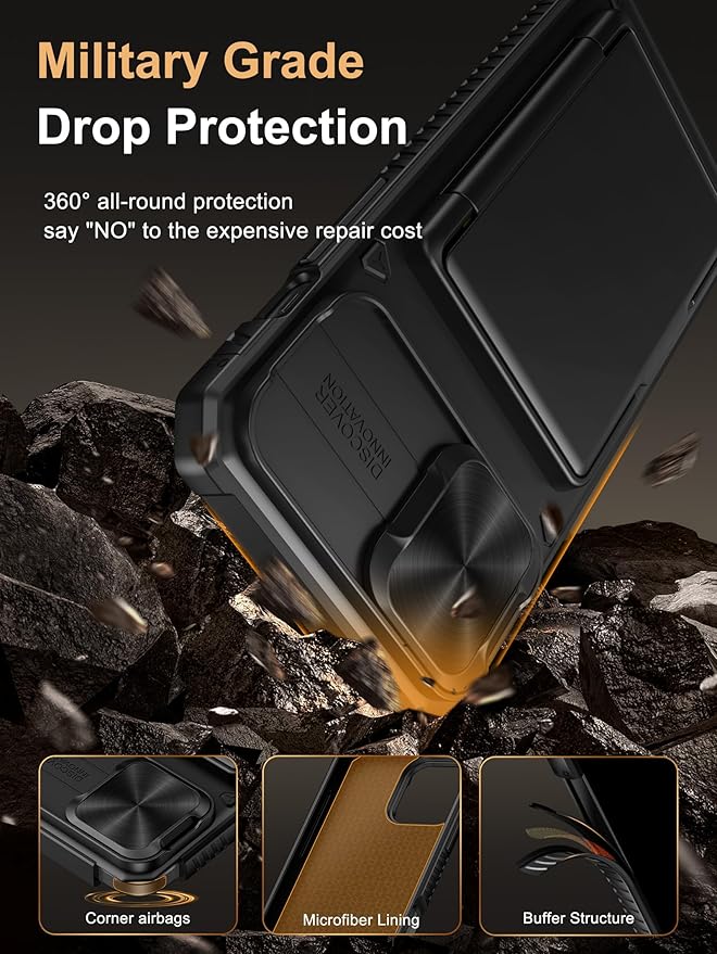Vihibii for iPhone 13 Pro Max/iPhone 12 Pro Max Case with Card Holder (4 Cards) [RFID Blocking] & Slide Camera Cover, Military Grade Drop Protection, Rugged Back & Silicone Edge Wallet Case, Black