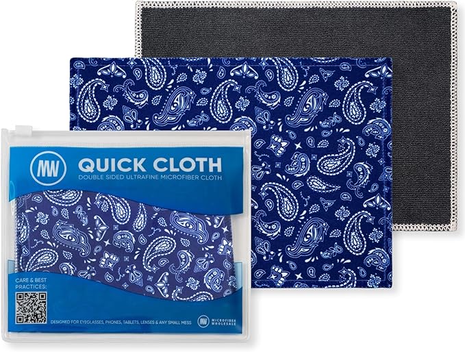 Quick Cloth Microfiber Glasses Cleaning Cloths – 5x7, Paisley Blue, 2 Pack with Case | Double-Sided Lens Cleaner for Eyeglasses, Camera, Screens & Glass | Reusable Microfiber Glass Polishing Cloths