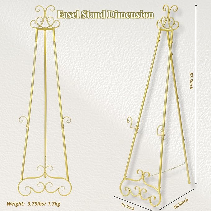 57”H Metal Easel Stand for Sign Gold, Upgrade Large Free Standing Adjustable Display Scroll Easel Stand, Heavy Duty for Mirror Pictures Wedding Holder Showcasing with Chain Support