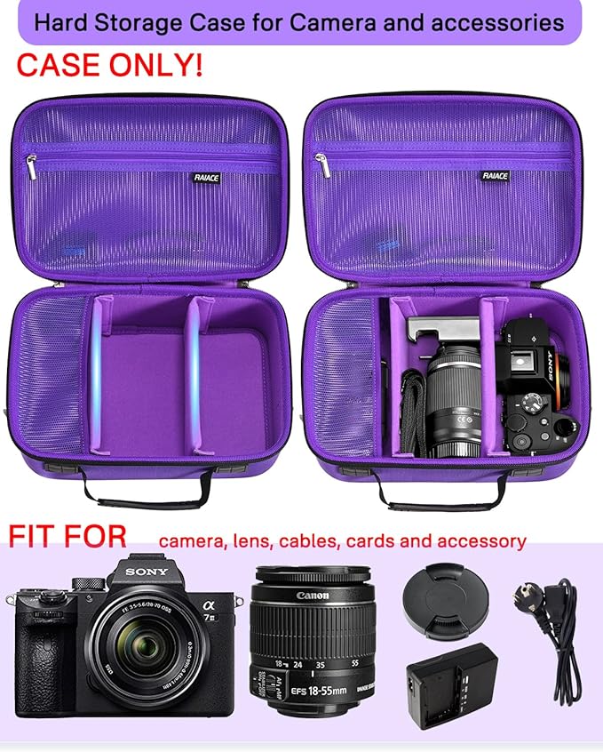 RAIACE Hard Case Compatible with Sony Alpha 7 II III IV/7R V Camera, for Nikon, for Canon, for Pentax and More.Large Capacity With Mesh Pocket for Lens, Charger, Cables, Cards and Accessories.-Purple