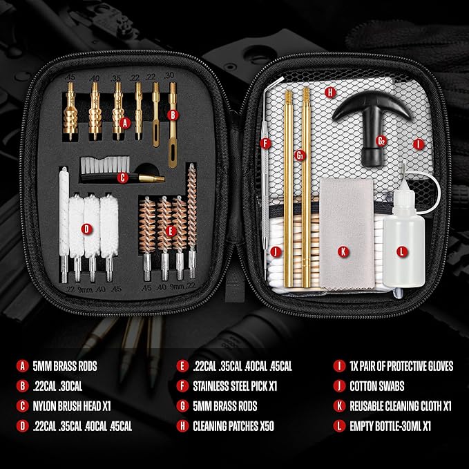 GLORYFIRE Gun Cleaning Kit Fits .22 .357/9mm .38 .40 .45 Cal Universal Handguns & Pistols Compact Carrying Case for Portability Multiple Styles with Brass or Plastic Jags & Tips for Shooting and Range