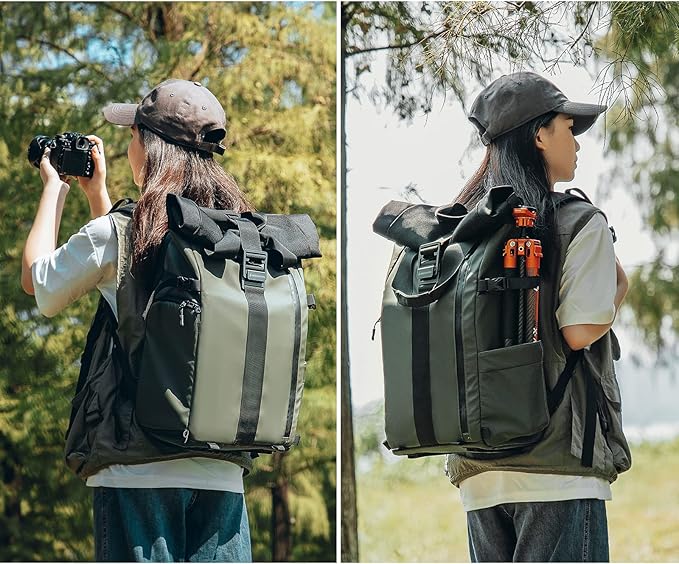 Besnfoto Camera Backpack for Photographer DSLR SLR Waterproof Camera Bag with Laptop Compartment Tripod Holder Roll Top Photographer Case for Hiking Traveling