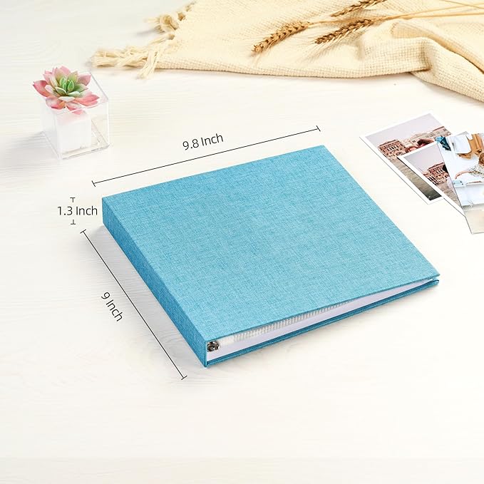 Mublalbum 8x8 Inch Small 3 Ring DIY Scrapbook Photo Album with 20 Plastic Sleeves 40 Pages Linen Cover Folder Binder for Baby Travel Wedding Anniversary and DIY Projects (Blue)