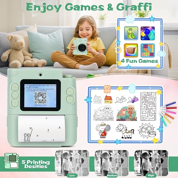 Kids Camera Instant Print, 1080P HD Dual-Lens Selfie Digital Camera with 5 Printing Paper Rolls & 32G TF Card, for Children, Portable Toddler Toy for Age 3-12 Boys & Girls (Mint Green)