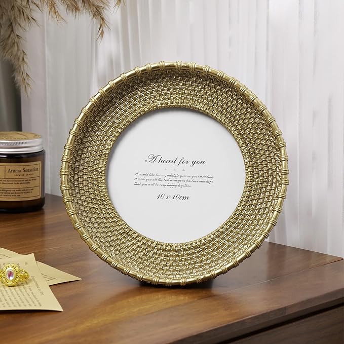 Cuspin 4x4 Picture Frame Vintage Gold Frames, Round Rattan Textured Hand-Crafted Circle Frame with Glass Front, Retro Photo Frame for Tabletop Display & Wall Hanging, Home Decor