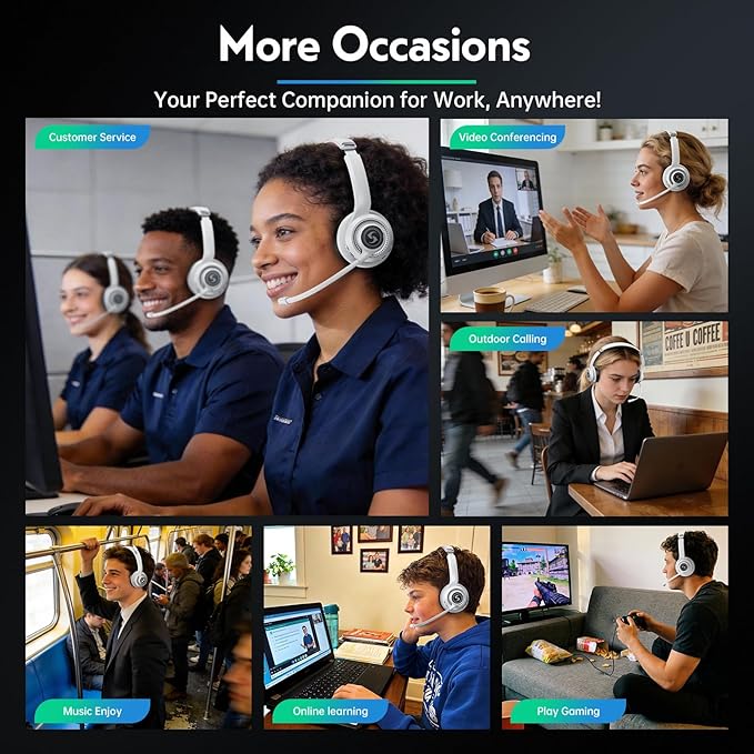 Wireless Headsets with Mic for Work, Wireless Headset for Cell Phones, Ultra Lightweight& 50+ Playtime, On Ear Bluetooth Headphone Fit for PC/Call Center/Computer/Laptop/Teams - White