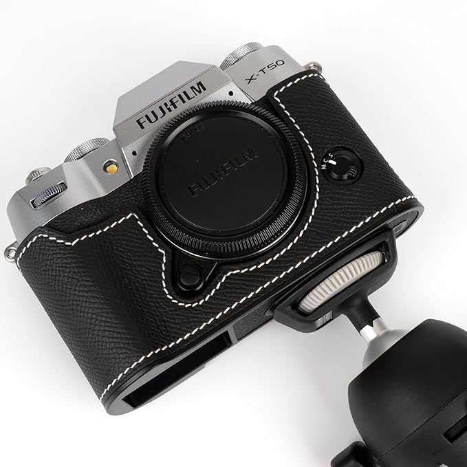 Uchandmade Handmade Genuine Leather Camera Half Case for Fujifilm X-T50/Fujifilm X-T50 Camera Case/Fujifilm X-T50 Case - Top Layer Cowhide Body + Metal Base Plate (89 Black & White Link)