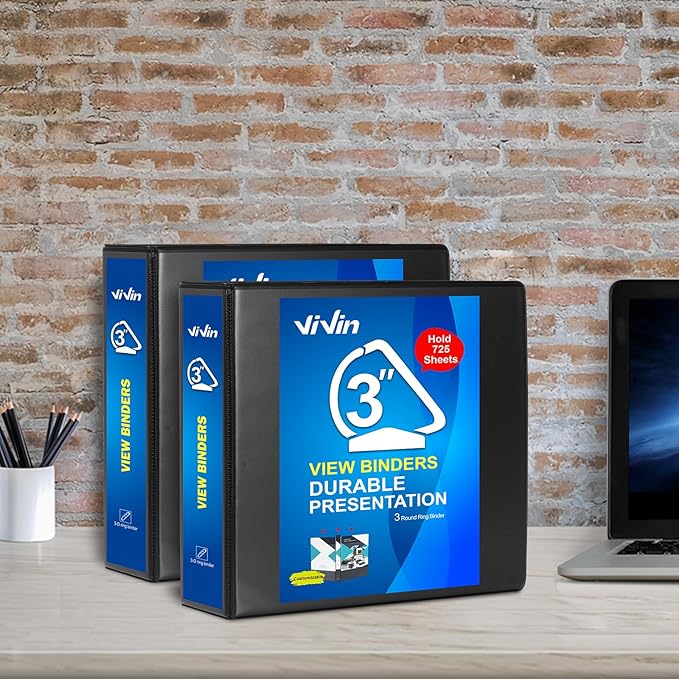 ViVin Durable 3 inch D Ring View Binder, Large 3" Slant-D Ring with 725-Sheet Capacity, Fit 8.5" x 11" Paper, 2 Pack(Black)