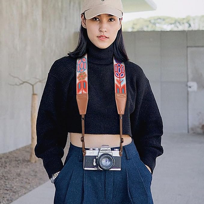 Padwa Lifestyle Colorful Crochet Camera Strap - 2" Full Grain Leather Ends Camera Straps for Photographers, Vintage Woven Cotton Soft Suede Fabric Padded Strap with Quick Release fits All Cameras