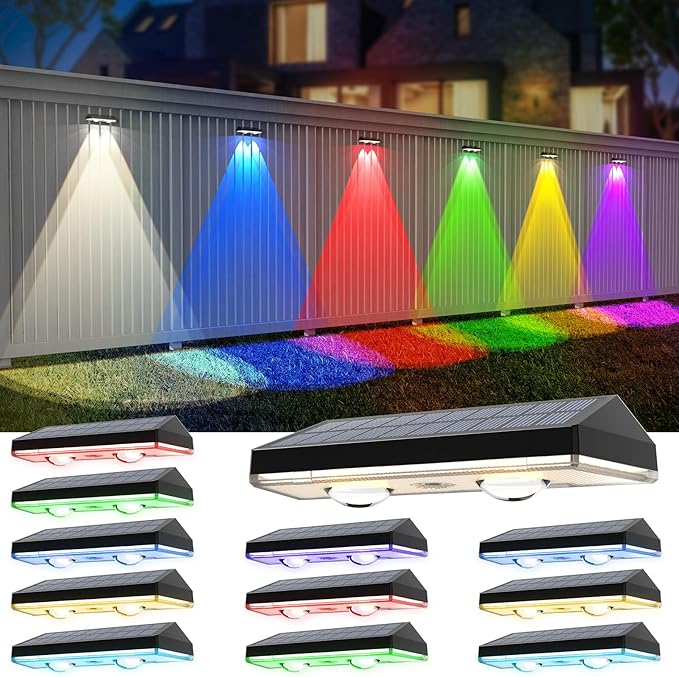 Solar Fence Lights ,RGB & Warm White & 6 Colors Bright Lens LED Dusk to Dawn Deck Light, Fence Solar Lights Outdoor Waterproof, Solar Outdoor Lights for Backyard/Railing/Wall/Step/Patio/Pool (16Pack)
