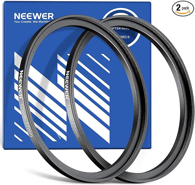 NEEWER 72-77mm Step Up Ring Adapter (2 Pack) with Cleaning Cloth, Ultra Slim Aluminum Alloy Lens Filter Adapter Ring for 72mm Camera Lens to Use 77mm Filter